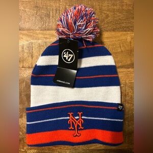 New W/Tags 47 BRAND MEN'S New York Mets KNIT BEANIE WITH POM-blue/orange